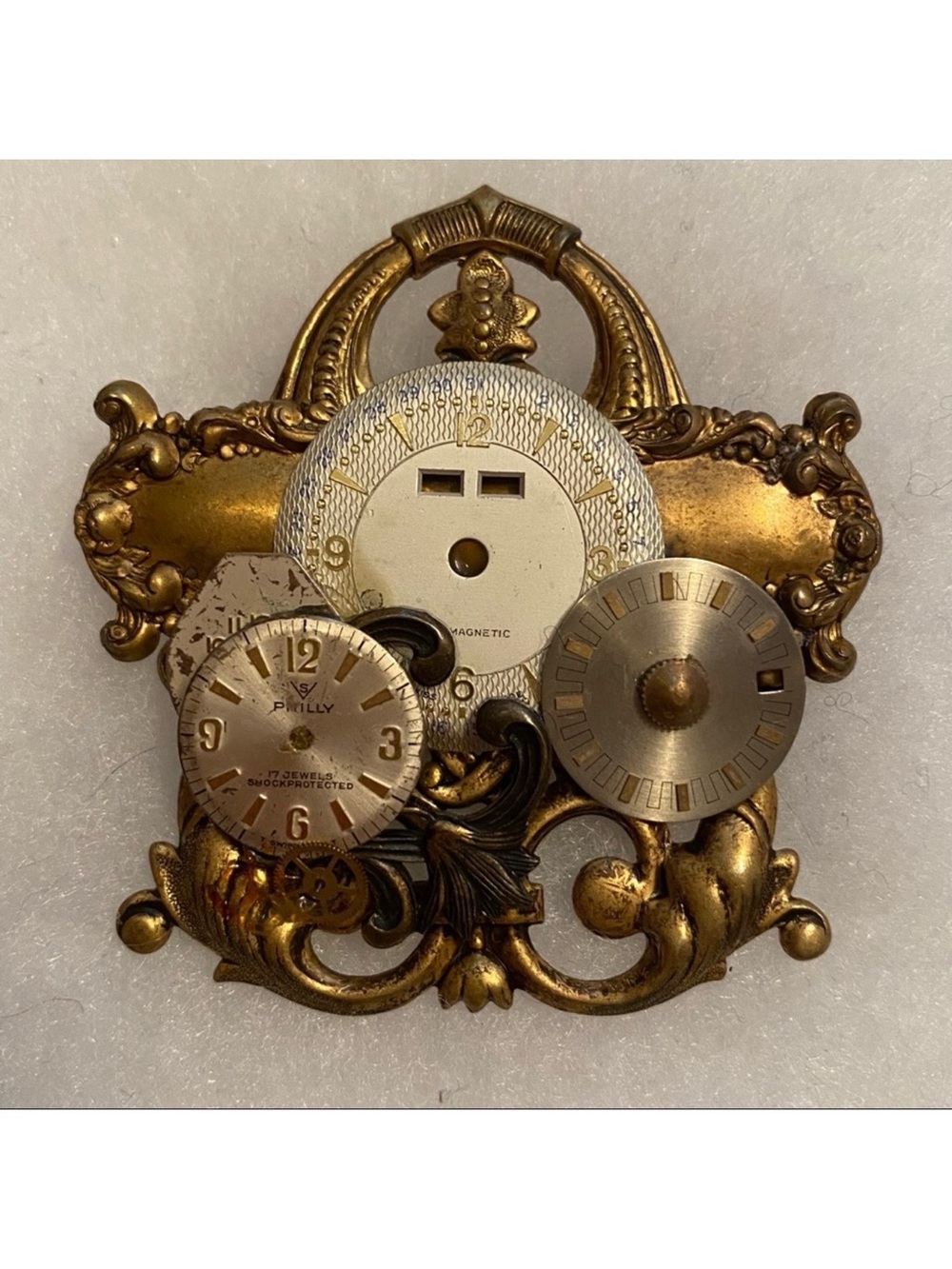 DENISE BROWN BROOCH PIN ARTISAN STEAMPUNK WATCH PARTS ONE OF A KIND OOAK